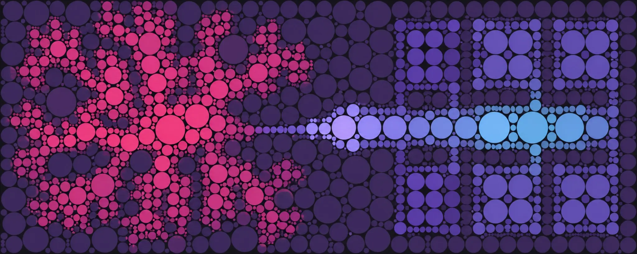 A dense pink field of packed circles contrasted with an orderly blue-violet corridor of circles.