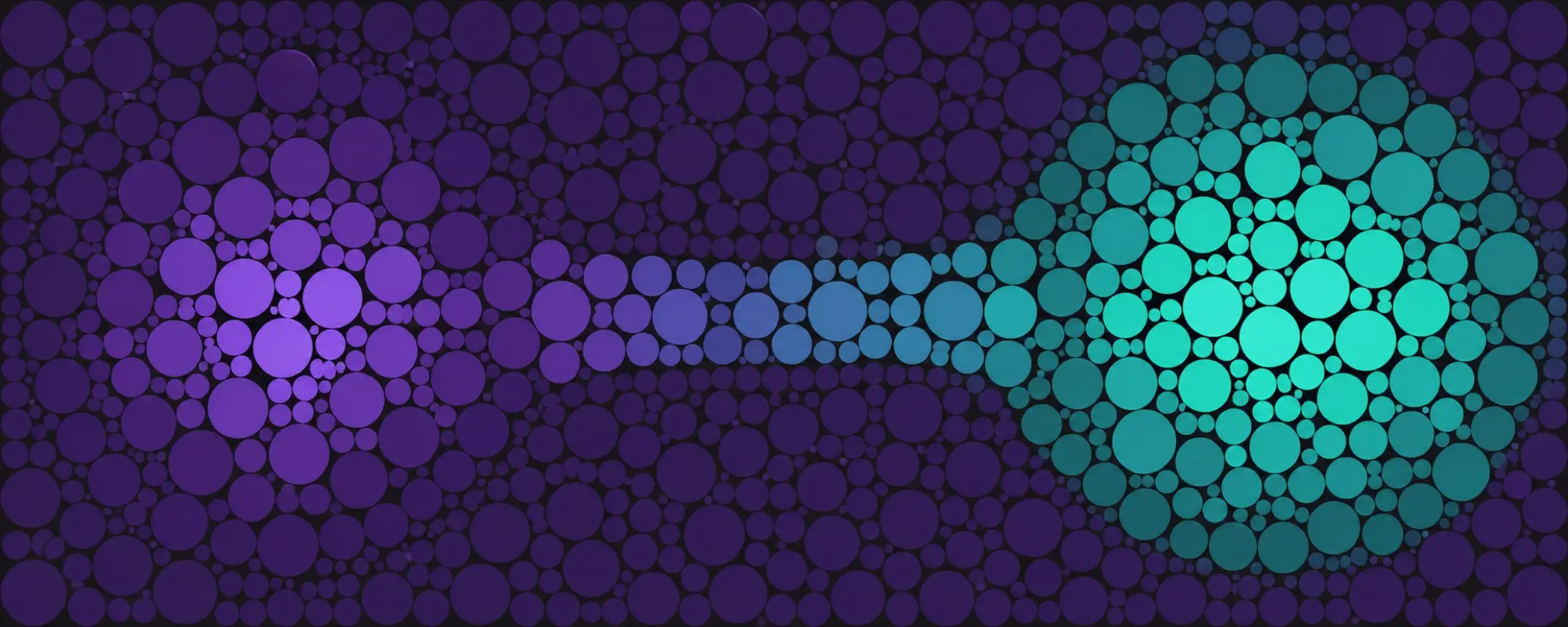 Purple and cyan fields of packed circles joined by a narrow blue bridge.