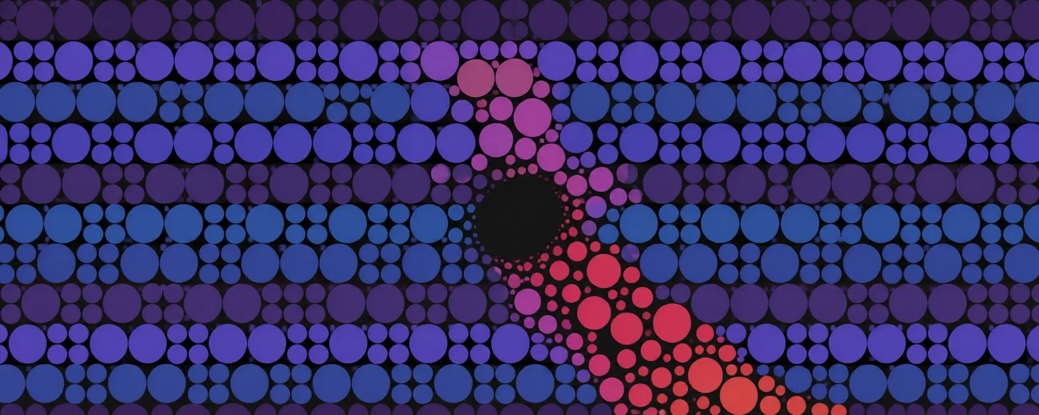 Ordered rows of blue and violet circles fractured by a pink-red stream entering a dark void.