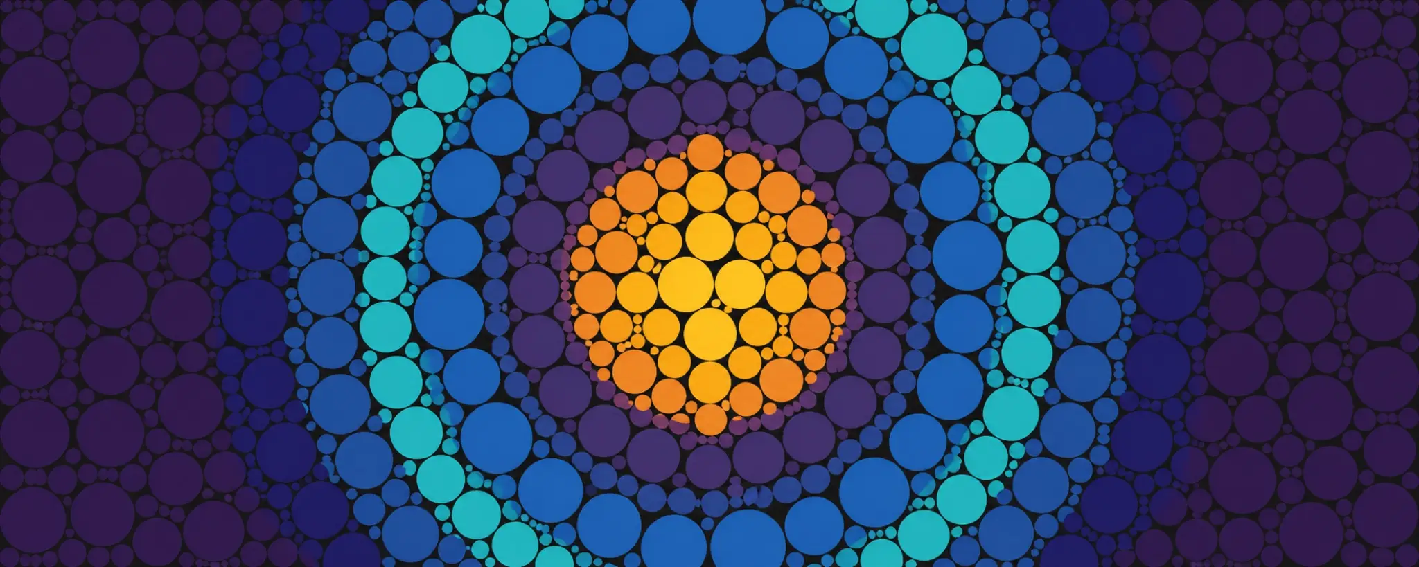 A golden circle cluster surrounded by rings of blue, cyan, and purple packed circles.