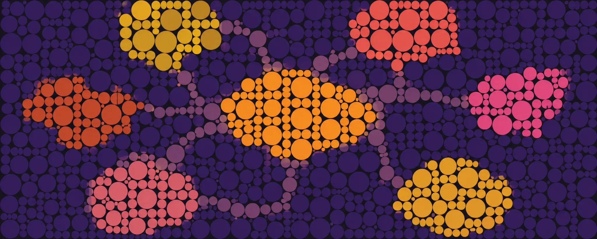 A central orange cluster connected to six gold, coral, and pink clusters in a purple circle pattern.