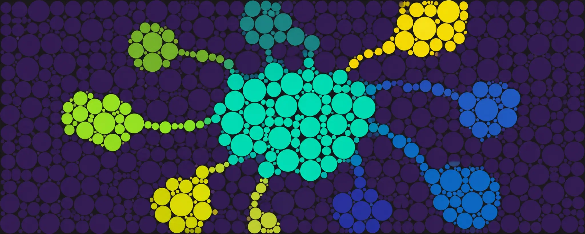 A turquoise circle cluster fed by surrounding lime, yellow, teal, and blue clusters.