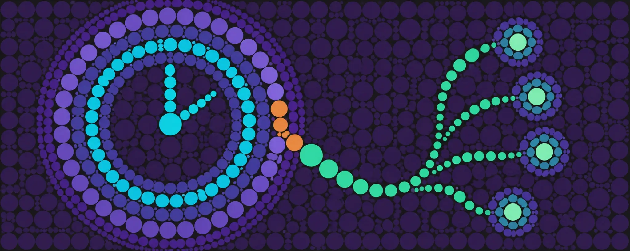 A cyan clock-like ring of circles interrupted by orange, with a mint return path branching to four endpoints.