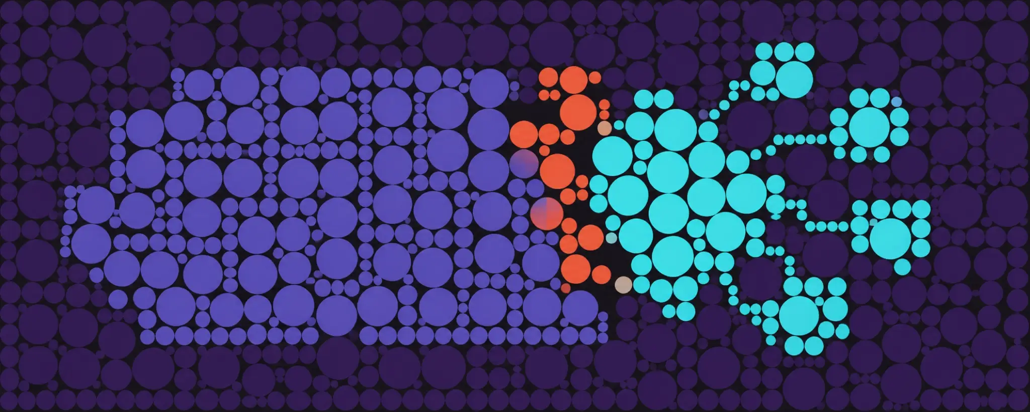 An orderly violet circle grid split by an orange fault and a cyan recovery cluster branching outward.