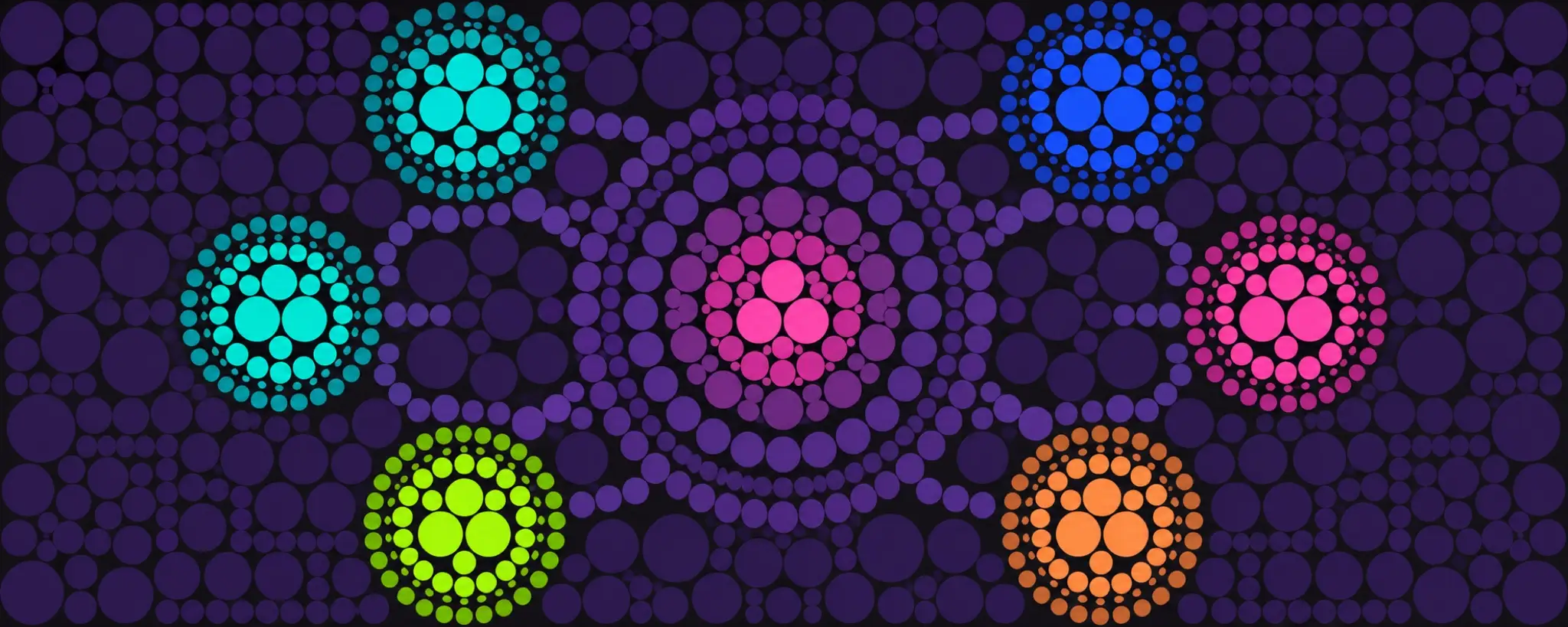 A dense violet and magenta circle field directing color toward six surrounding cyan, blue, pink, orange, and lime liquidity clusters.